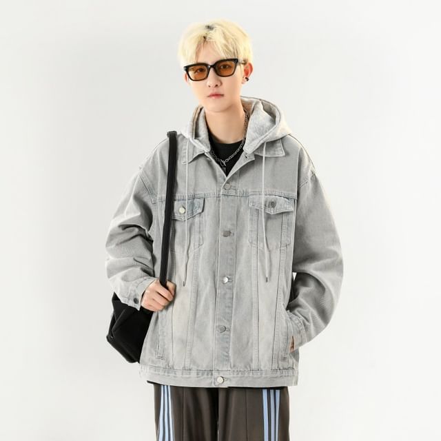 Bay Go Mall-Collared Washed Detachable Hood Button Denim Jacket