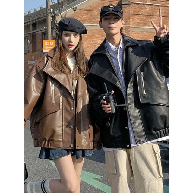 Bay Go Mall-Couple Matching Collared Plain Panel Faux Leather Button Jacket