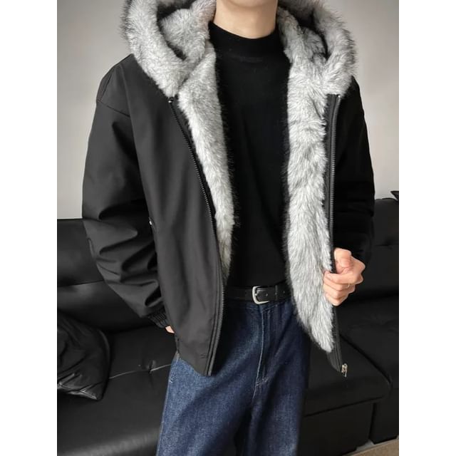 Bay Go Mall-Couple Matching Fluffy Hooded Plain Zip Bomber Jacket
