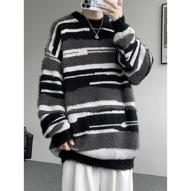 Bay Go Mall-Crew Neck Striped Oversized Sweater