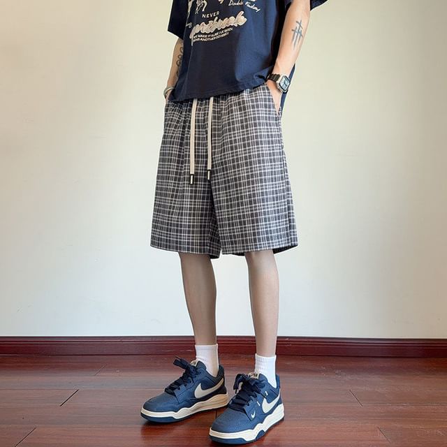 Bay Go Mall-Drawstring Waist Plaid Shorts