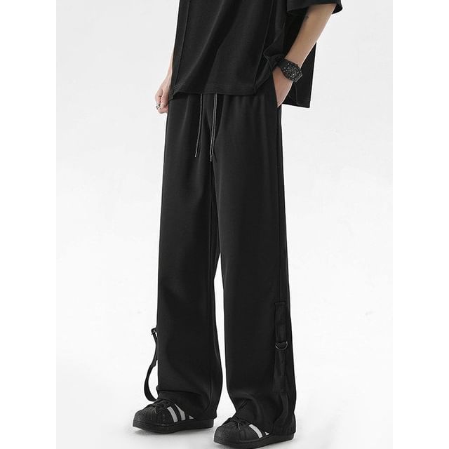 Bay Go Mall-Drawstring Waist Plain Buckled Straight Leg Pants
