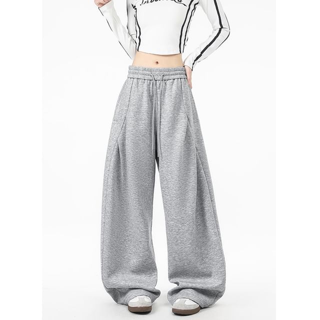 Bay Go Mall-Drawstring Waist Plain Wide Leg Sweatpants