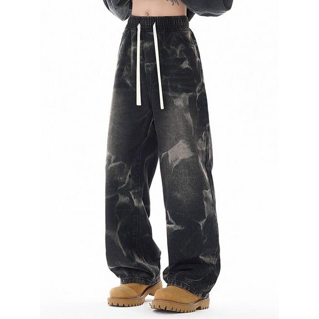 Bay Go Mall-Drawstring Waist Washed Baggy Jeans