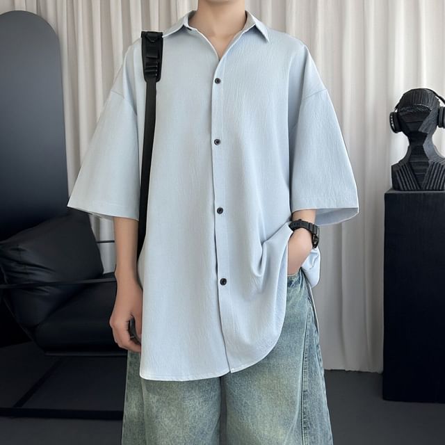 Bay Go Mall-Elbow Sleeve Collared Plain Shirt