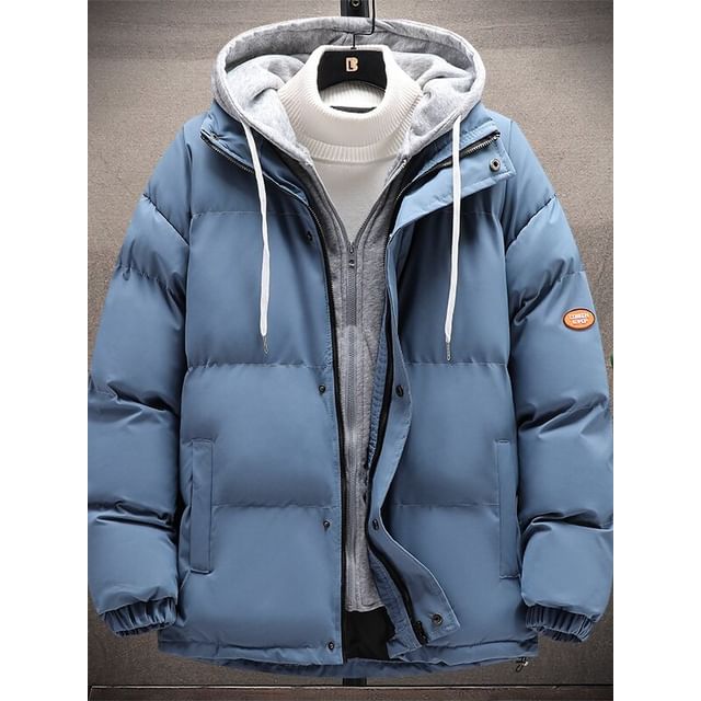 Bay Go Mall-Hooded Plain Mock Two Piece Puffer Jacket