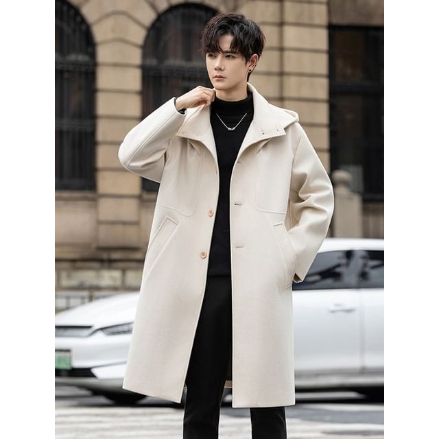 Bay Go Mall-Hooded Plain Single Breasted Long Coat