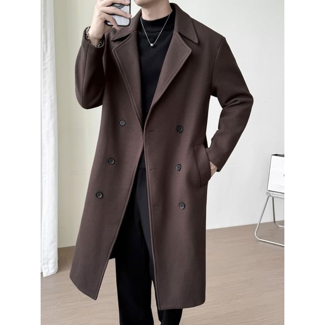 Bay Go Mall-Lapel Collar Plain Double Breasted Long Coat