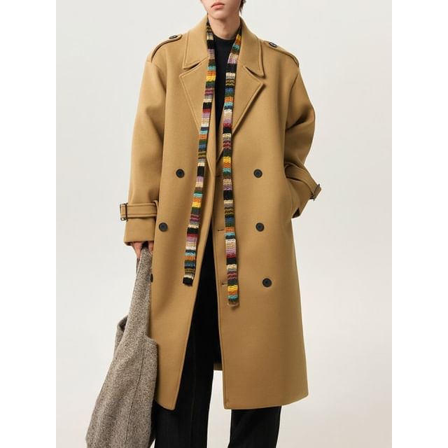 Bay Go Mall-Lapel Collar Plain Double Breasted Long Coat