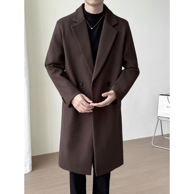 Bay Go Mall-Lapel Collar Plain Double Breasted Long Coat