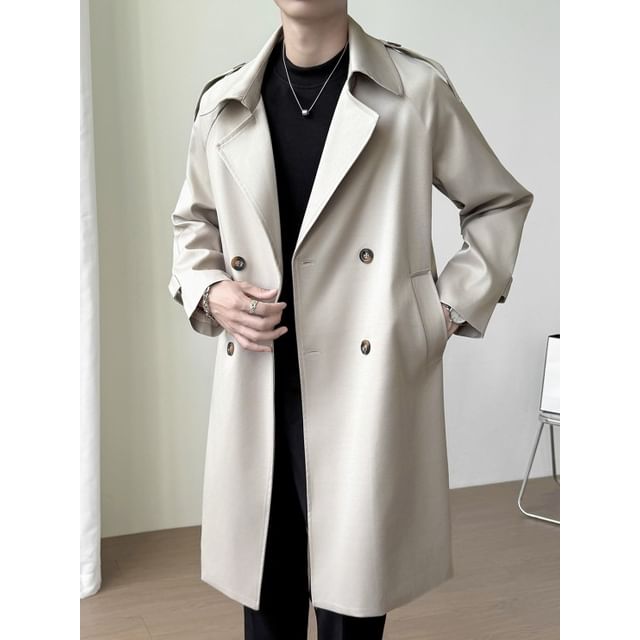 Bay Go Mall-Lapel Collar Plain Double Breasted Trench Coat