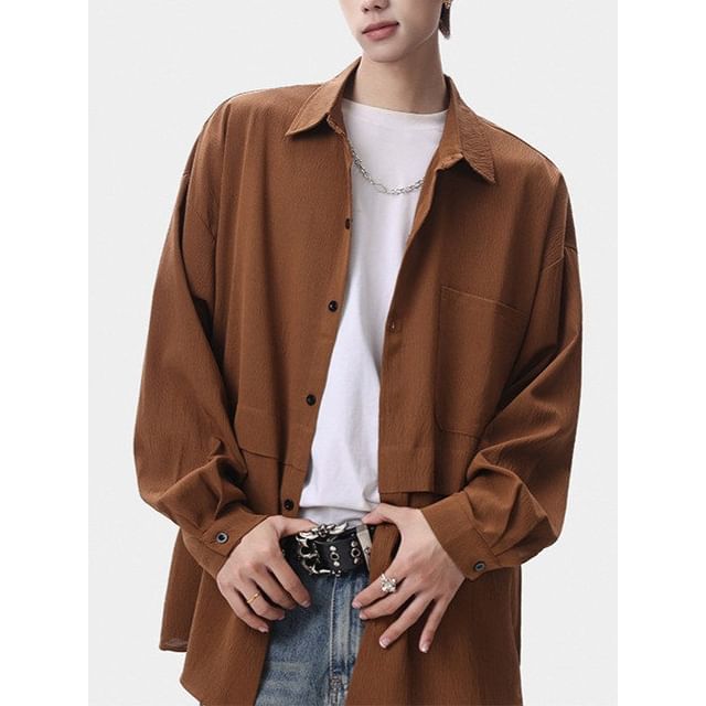 Bay Go Mall-Long-Sleeve Button-Up Plain Shirt