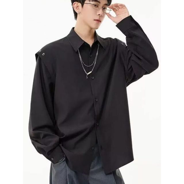 Bay Go Mall-Long-Sleeve Chained Plain Shirt