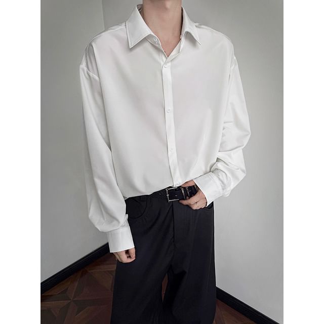 Bay Go Mall-Long Sleeve Collared Plain Shirt