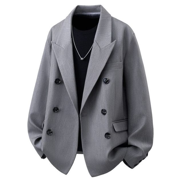 Bay Go Mall-Peak Lapel Plain Double Breasted Blazer