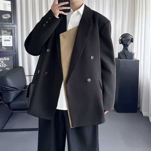 Bay Go Mall-Peak Lapel Two Tone Panel Button Blazer