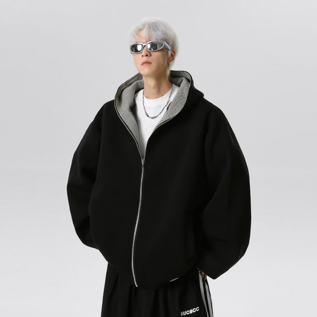 Bay Go Mall-Plaid Lining Zip Hoodie