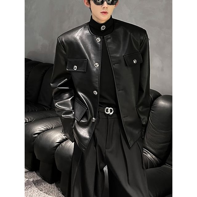 Bay Go Mall-Round Neck Faux Leather Button Up Jacket