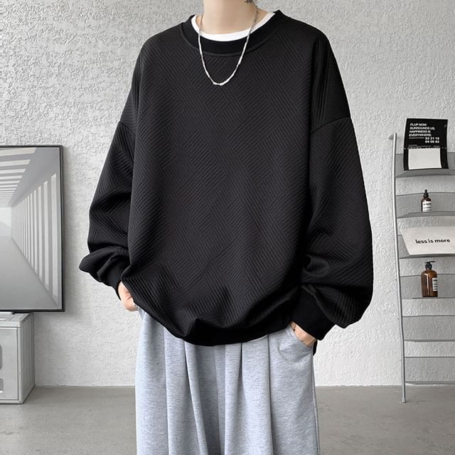 Bay Go Mall-Round Neck Plain Embossed Sweatshirt