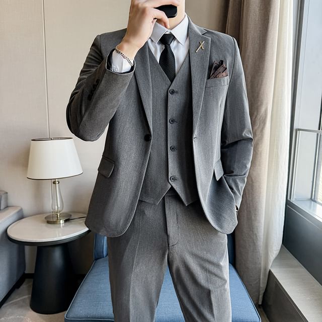 Bay Go Mall-Set Notch Lapel Plain Single Breasted Blazer V-Neck Button Vest Mid Rise Slim Fit Dress Pants
