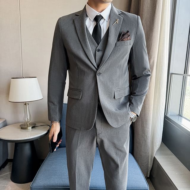 Bay Go Mall-Set Notch Lapel Single-Breasted Plain Blazer Mid Rise Straight Leg Dress Pants V-Neck Vest Necktie