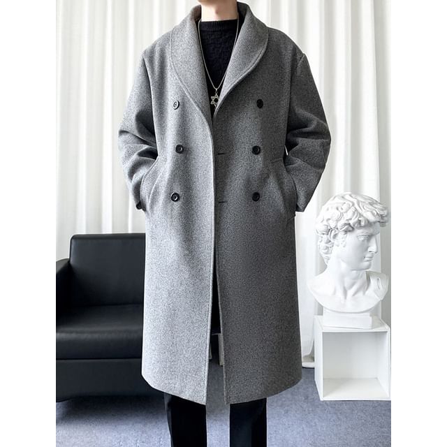 Bay Go Mall-Shawl Collar Plain Double Breasted Long Coat