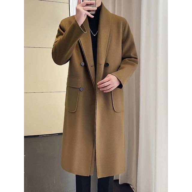 Bay Go Mall-Shawl Collar Plain Double Breasted Long Coat