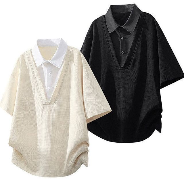 Bay Go Mall-Short Sleeve Collared Mock Two Piece Button Top