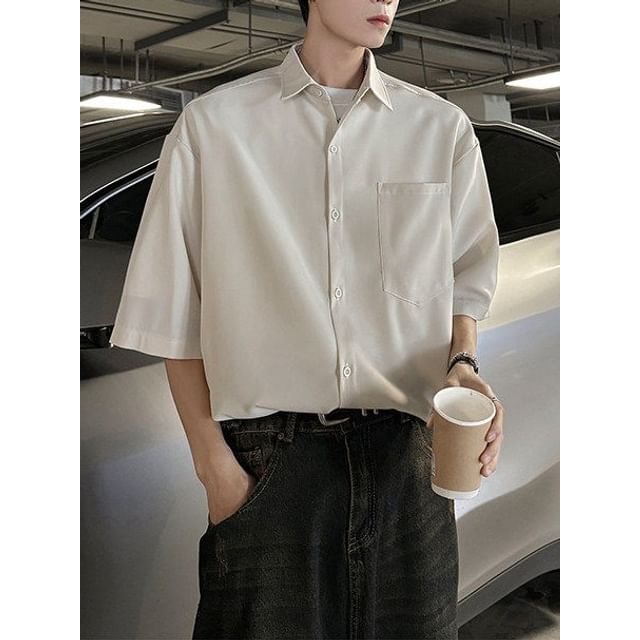 Bay Go Mall-Short Sleeve Collared Plain Shirt