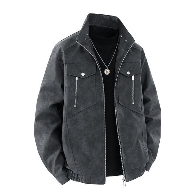 Bay Go Mall-Stand Collar Faux Leather Zip Jacket