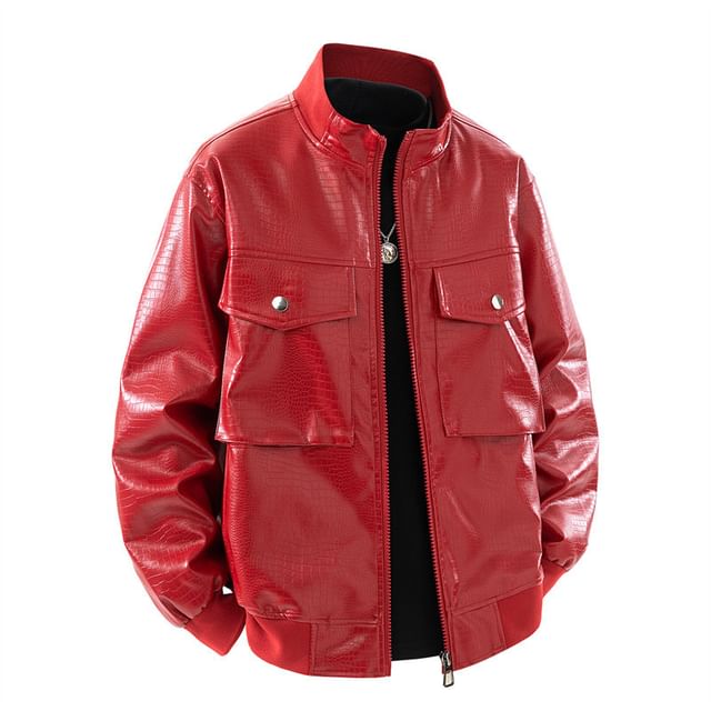 Bay Go Mall-Stand Collar Faux Leather Zip Jacket