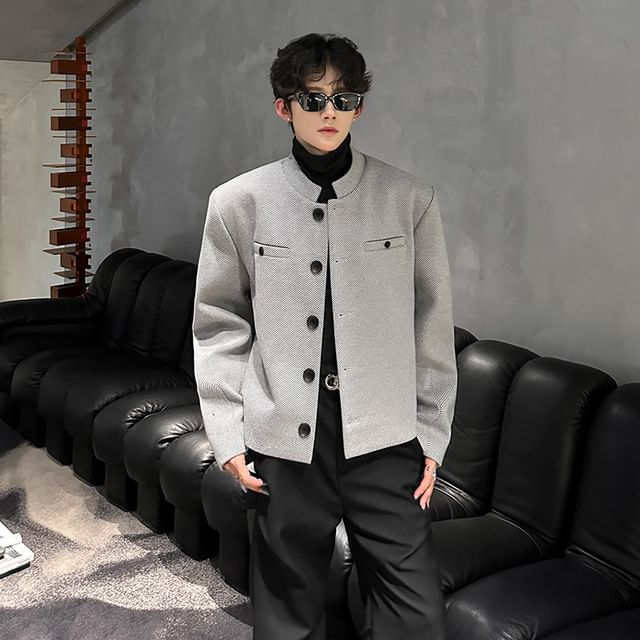Bay Go Mall-Stand Collar Houndstooth Single Breasted Blazer