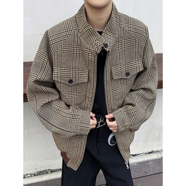 Bay Go Mall-Stand Collar Plaid Zip Jacket