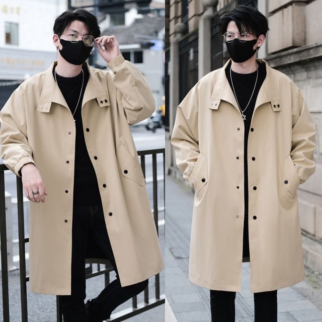 Bay Go Mall-Stand Collar Plain Midi Button Trench Coat