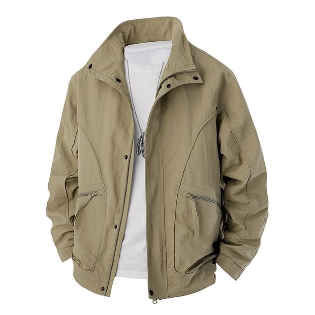 Bay Go Mall-Stand Collar Plain Panel Zip Jacket