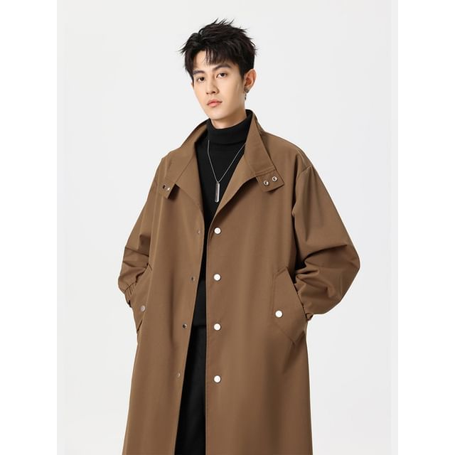 Bay Go Mall-Stand Collar Plain Single Breasted Trench Coat