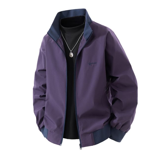 Bay Go Mall-Stand Collar Two Tone Zip Jacket