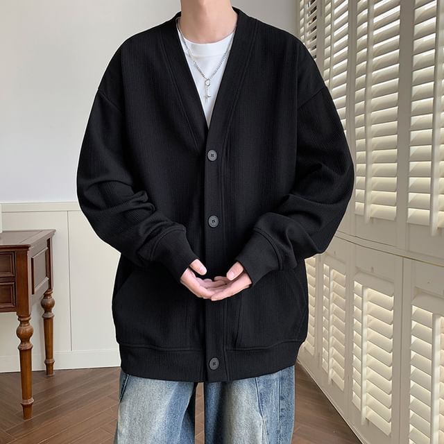 Bay Go Mall-V-Neck Plain Button Jacket