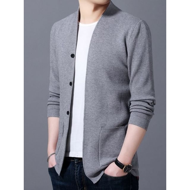 Bay Go Mall-V-Neck Plain Ribbed Knit Button Cardigan