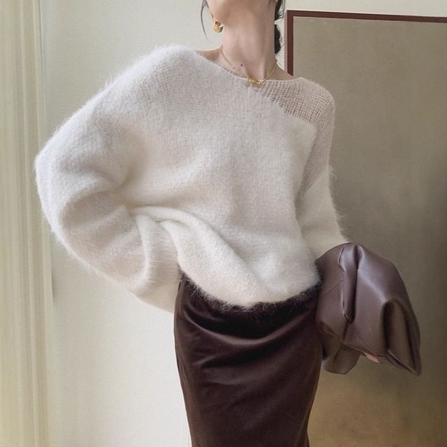 Beaustreet-Boat Neck Plain Panel Sweater