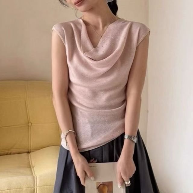 Beaustreet-Cap Sleeve Cowl Neck Plain Rhinestone Knit Top