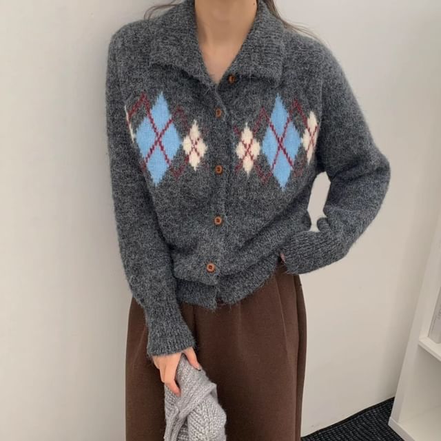 Beaustreet-Collar Argyle Cardigan