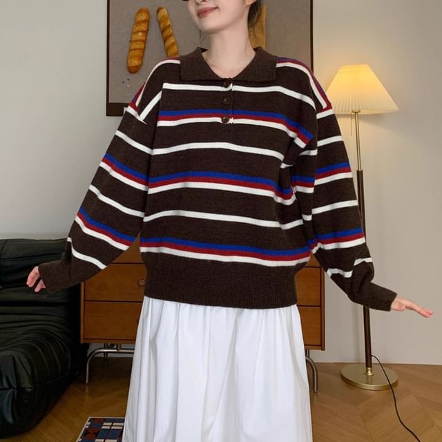 Beaustreet-Collar Henley Striped Sweater