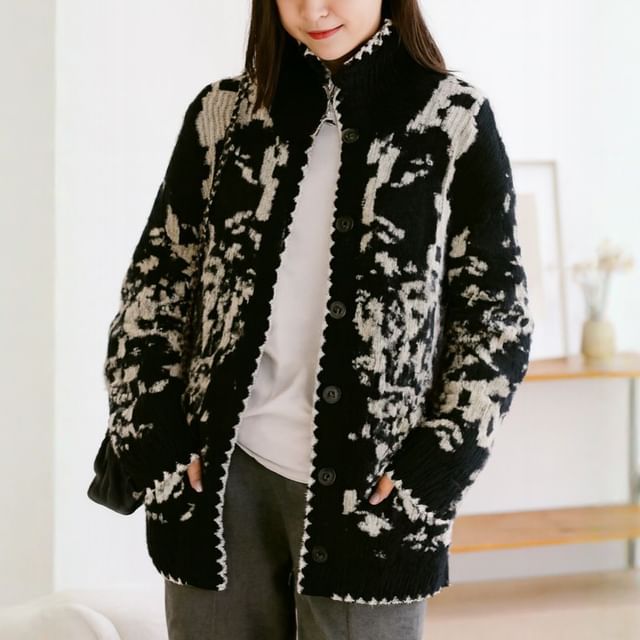 Beaustreet-Collar Two Tone Jacquard Cardigan