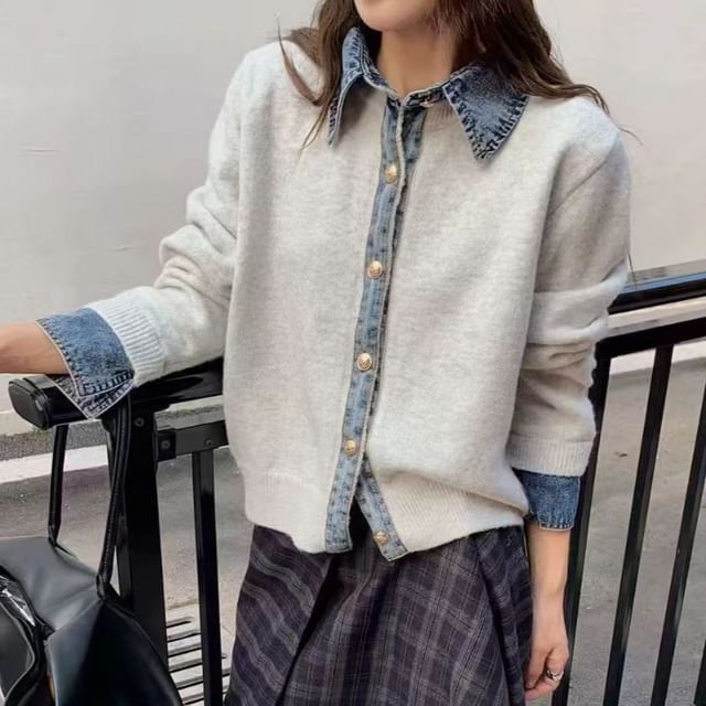 Beaustreet-Collared Denim Trim Button Up Cardigan
