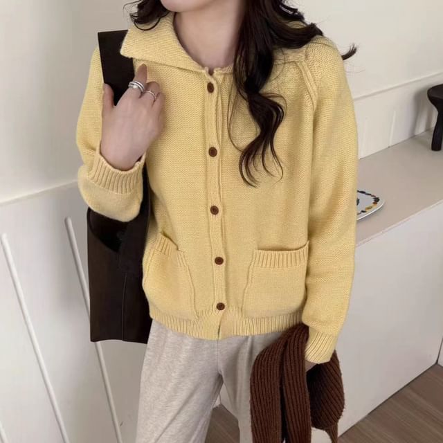 Beaustreet-Collared Plain Button-Up Cardigan