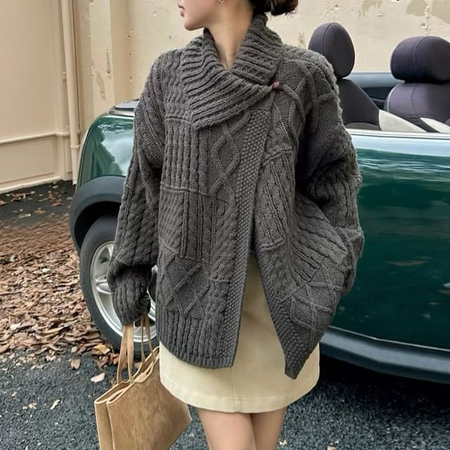 Beaustreet-Collared Plain Cable Knit Cardigan