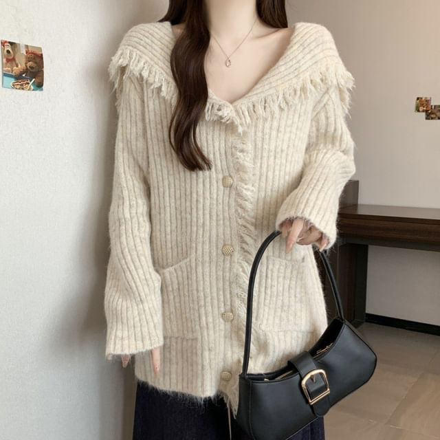 Beaustreet-Collared Plain Fringe Ribbed Cardigan