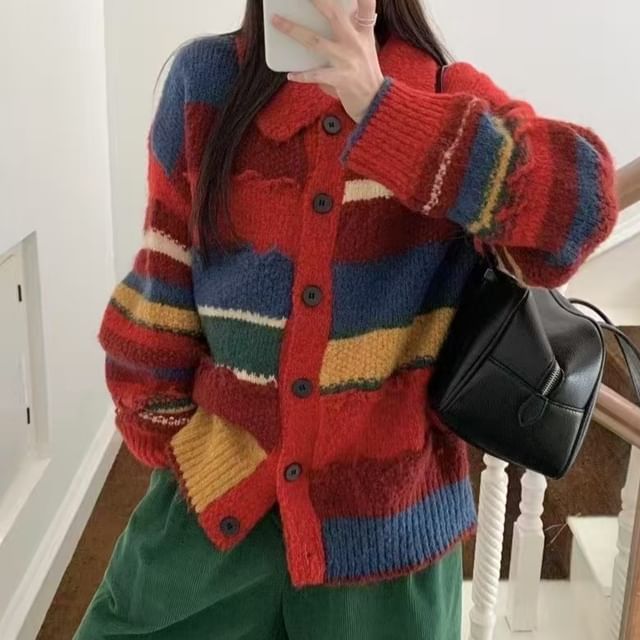 Beaustreet-Collared Striped Button Up Cardigan