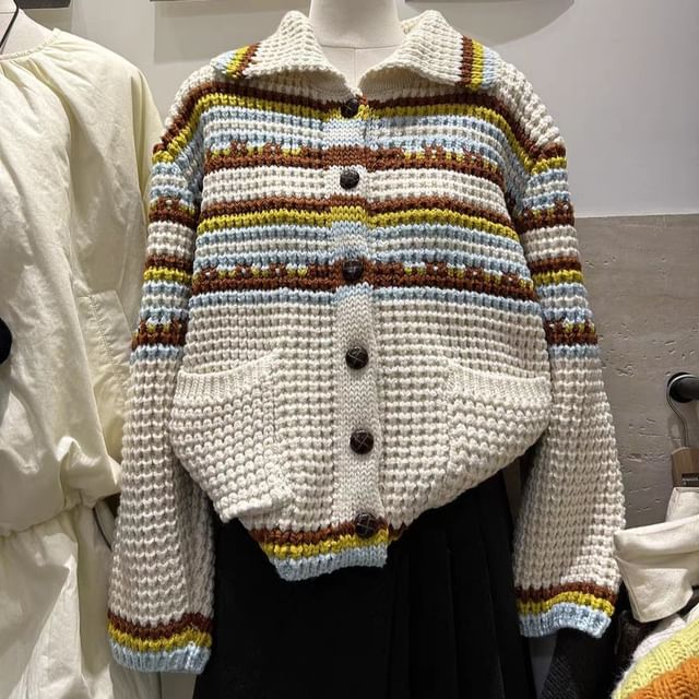 Beaustreet-Collared Striped Cable Knit Button Up Cardigan